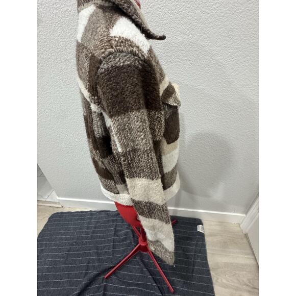 Brown Cream Plaid Wool Blend Shacket Button Down Jacket Coat - Picture 3 of 6